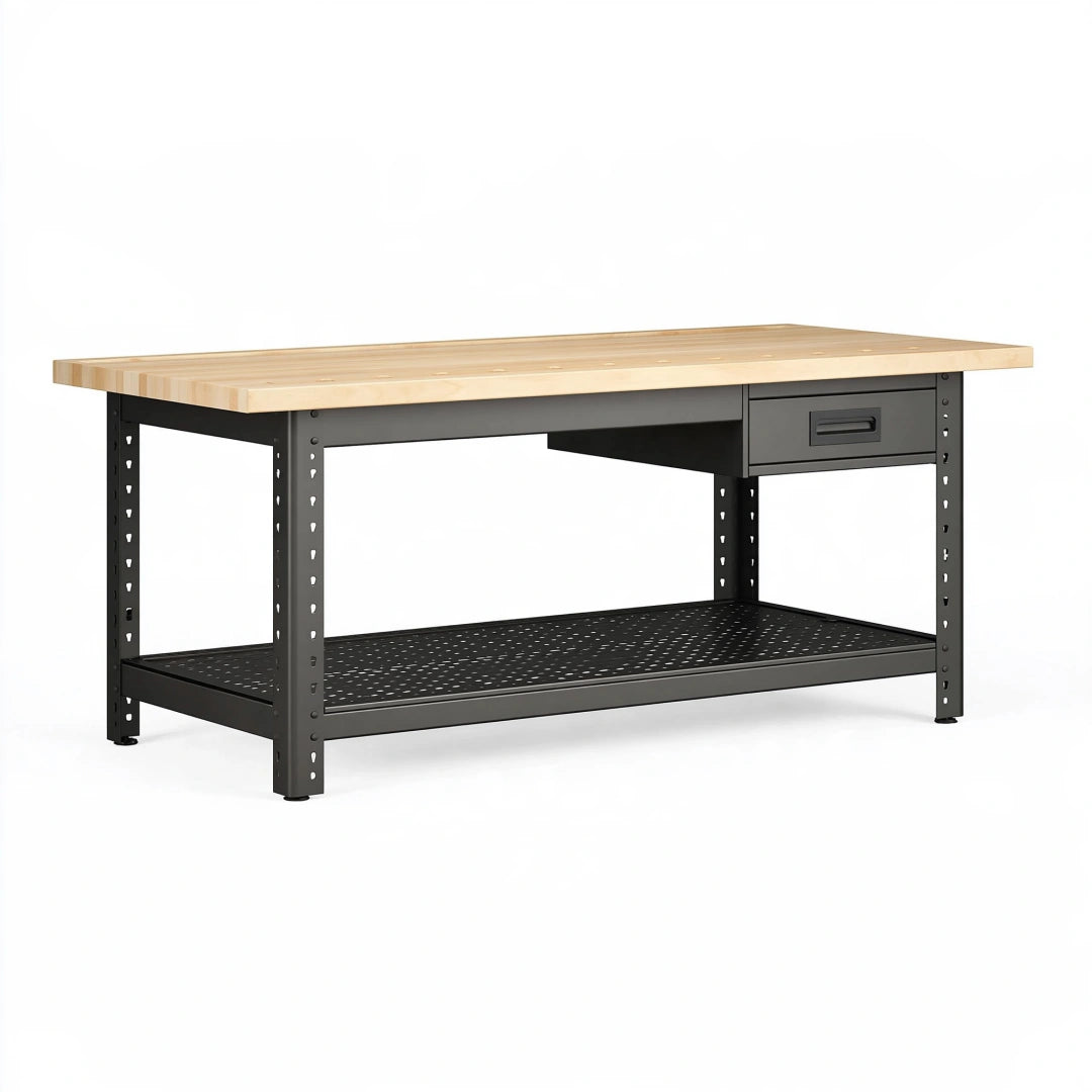 Établi 152 x 61 x 86 cm en bois et acier noir avec tiroir et étagère de rangement