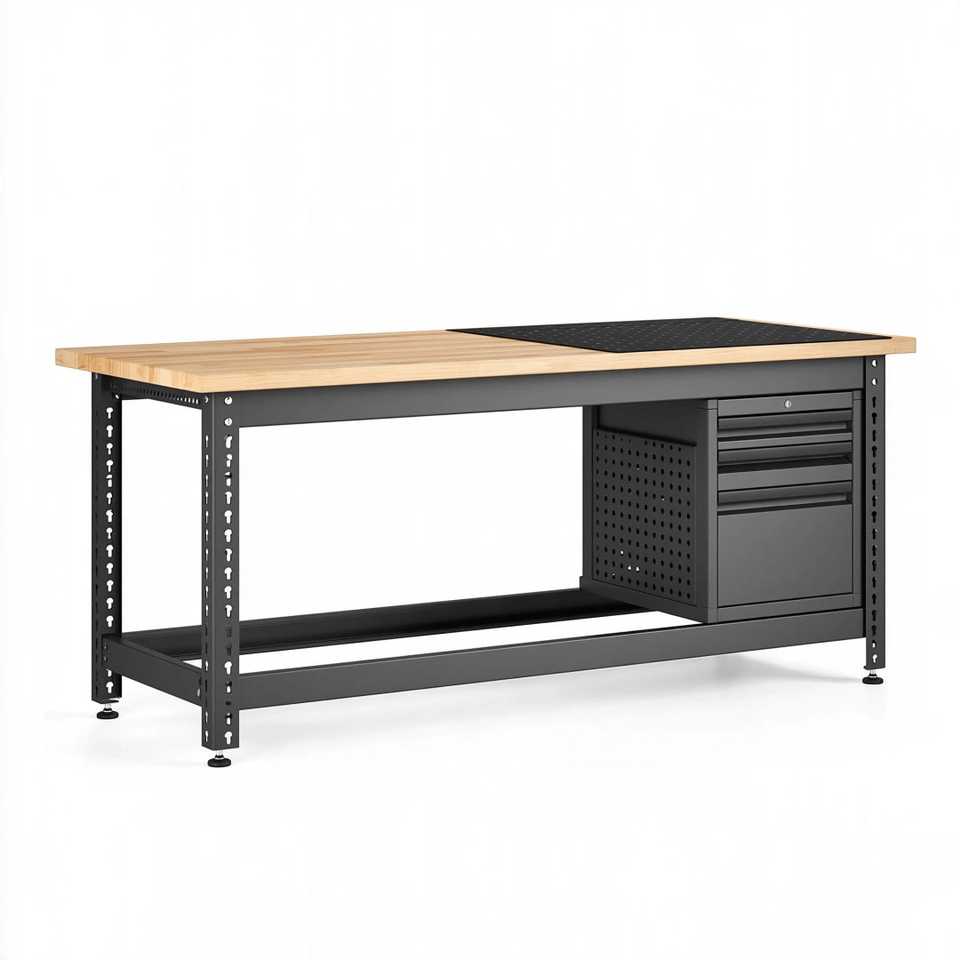 Établi d'atelier 160 x 60 x 90 cm en acier noir et plateau bois avec rangement