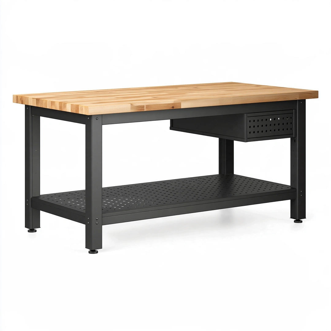Établi 120 x 60 x 90 cm en bois et acier noir avec tiroir style industriel