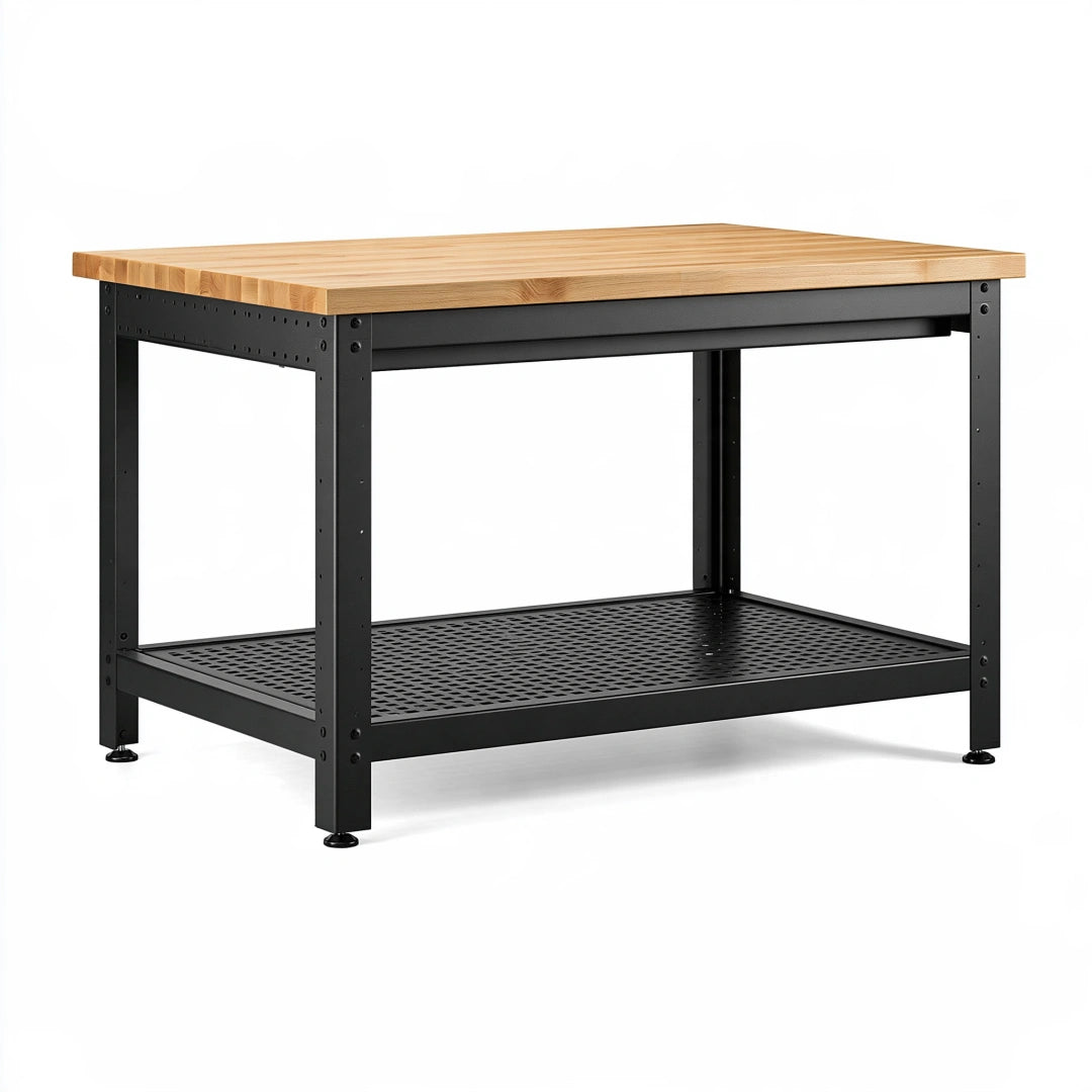 Établi 120 x 60 x 90 cm en bois et acier noir avec tablette perforée style industriel