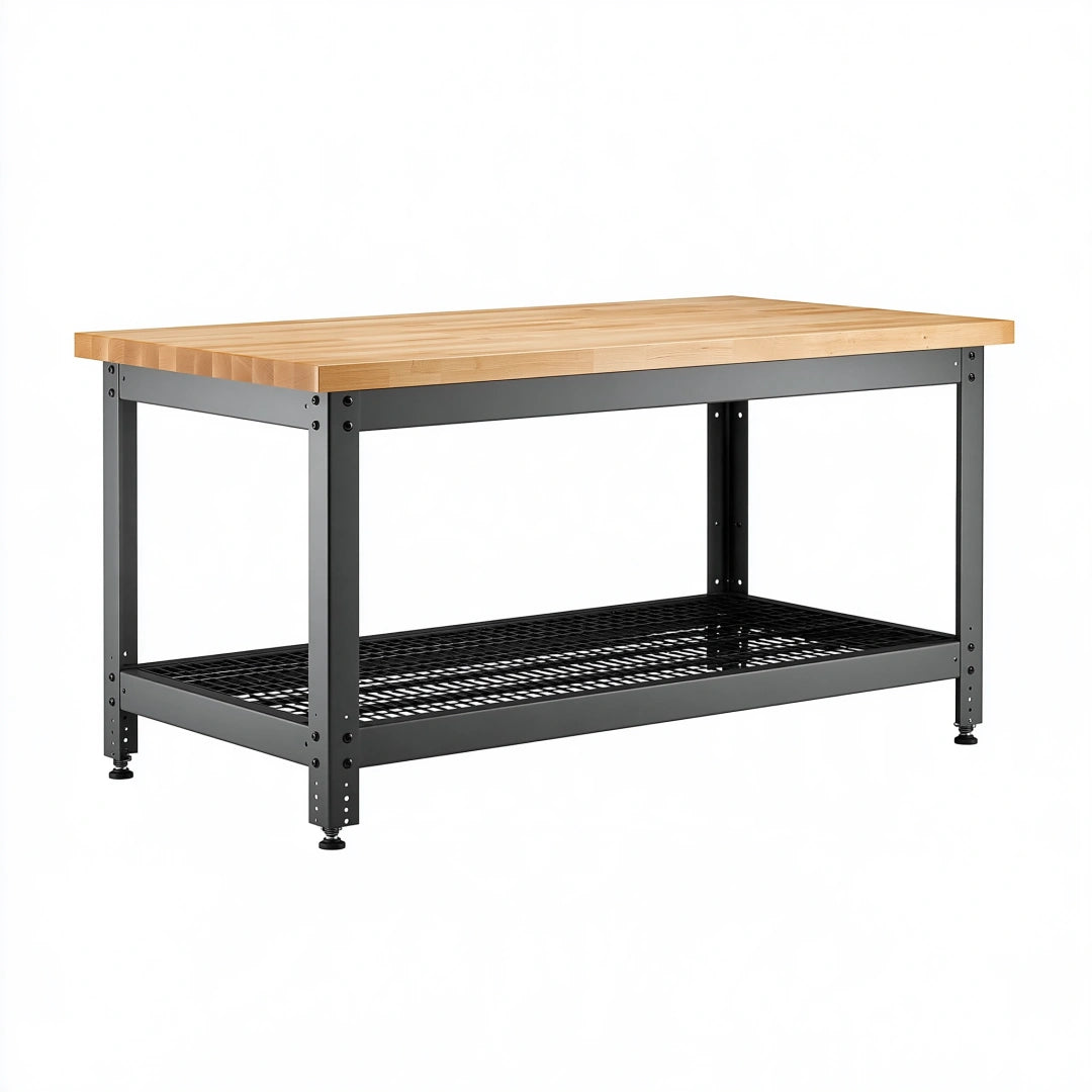 Établi 152 x 61 x 91 cm en bois et acier noir avec tablette grillagée réglable