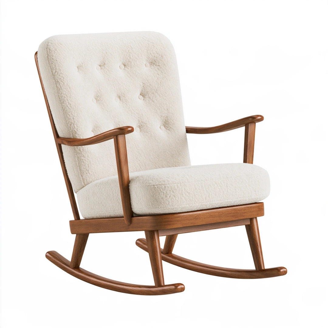 Fauteuil à bascule 68 x 92 x 100 cm en bois brun et tissu bouclette écru style scandinave