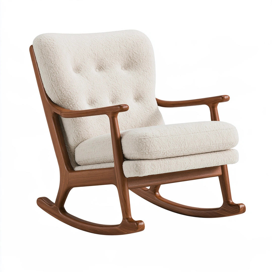 Fauteuil à bascule 70 x 95 x 100 cm bouclette écrue et bois brun style scandinave