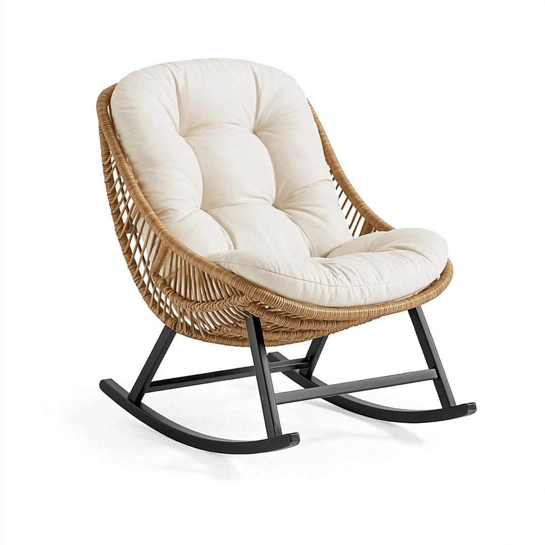 Fauteuil à bascule 78 x 92 x 98 cm rotin naturel et métal noir style bohème
