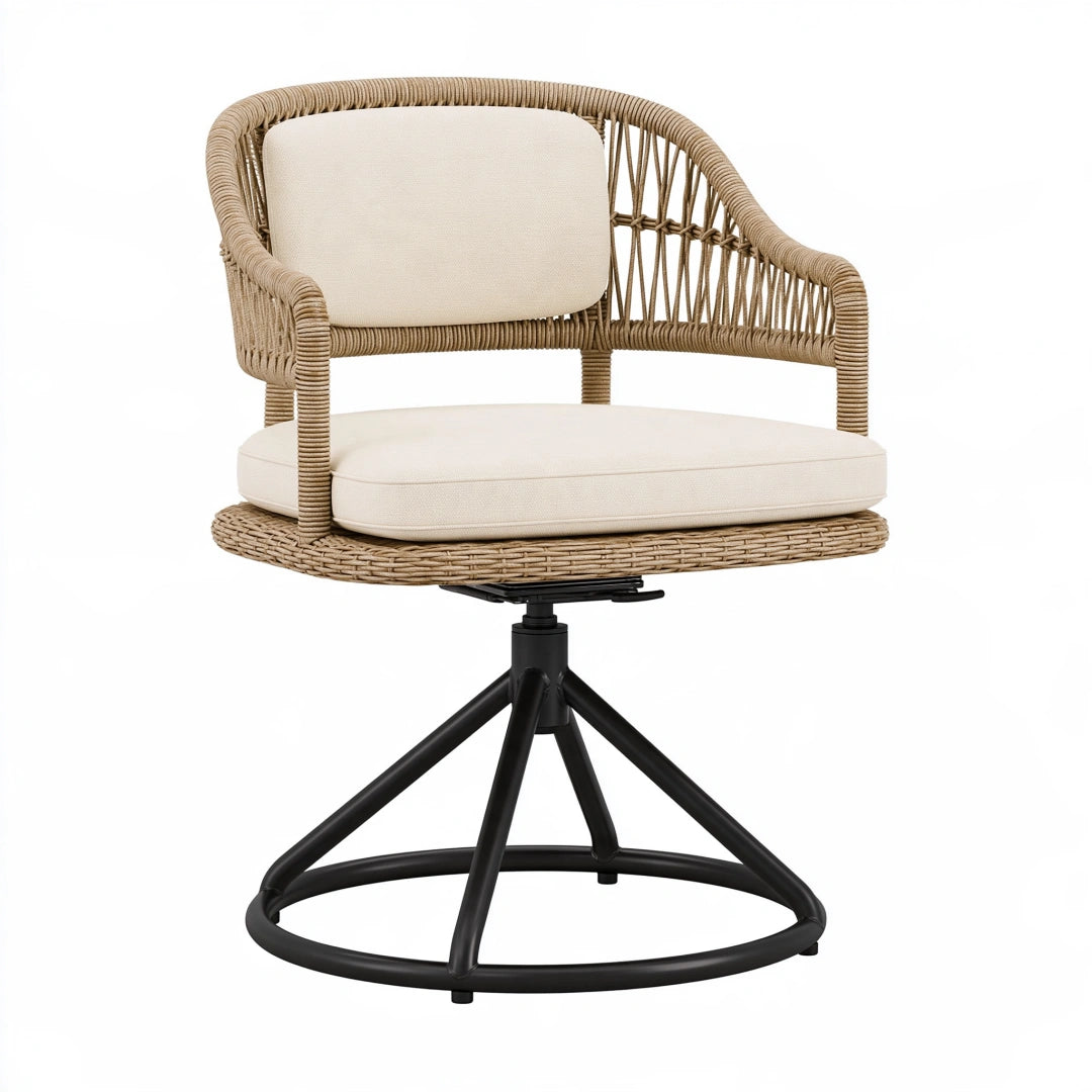 Fauteuil pivotant 75 x 70 x 85 cm en rotin tressé beige avec structure en métal noir