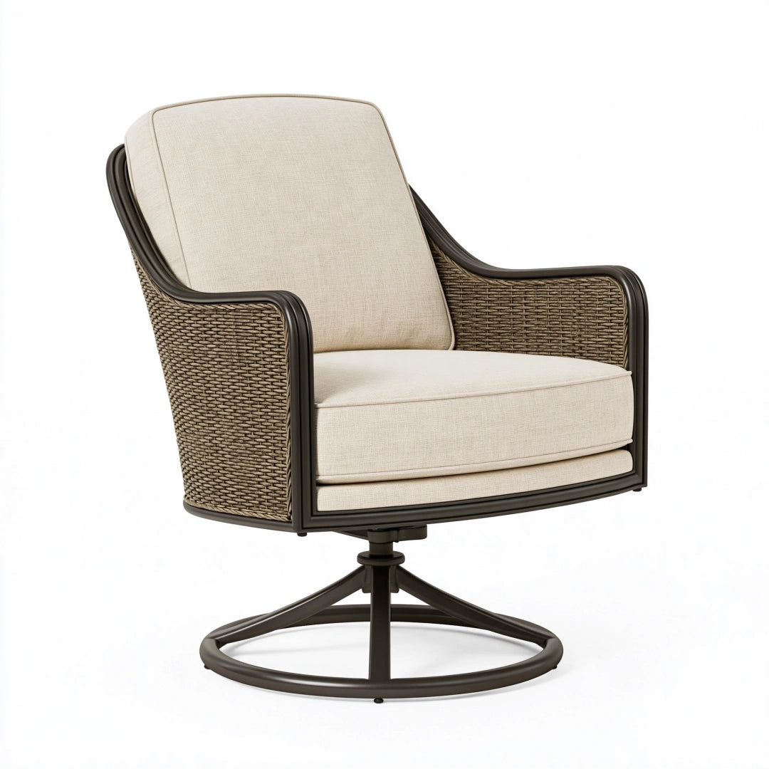 Fauteuil de jardin pivotant 78 x 82 x 90 cm en résine tressée beige et métal brun