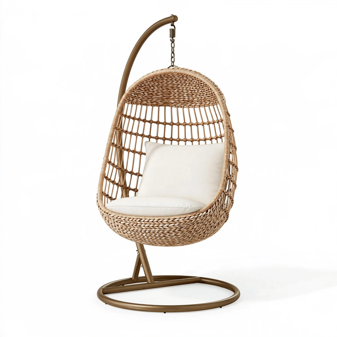 Fauteuil suspendu 105 x 105 x 195 cm en rotin beige avec support métallique style bohème