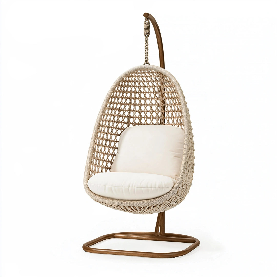 Fauteuil suspendu 105 x 105 x 195 cm en rotin beige avec support métal pour intérieur style bohème