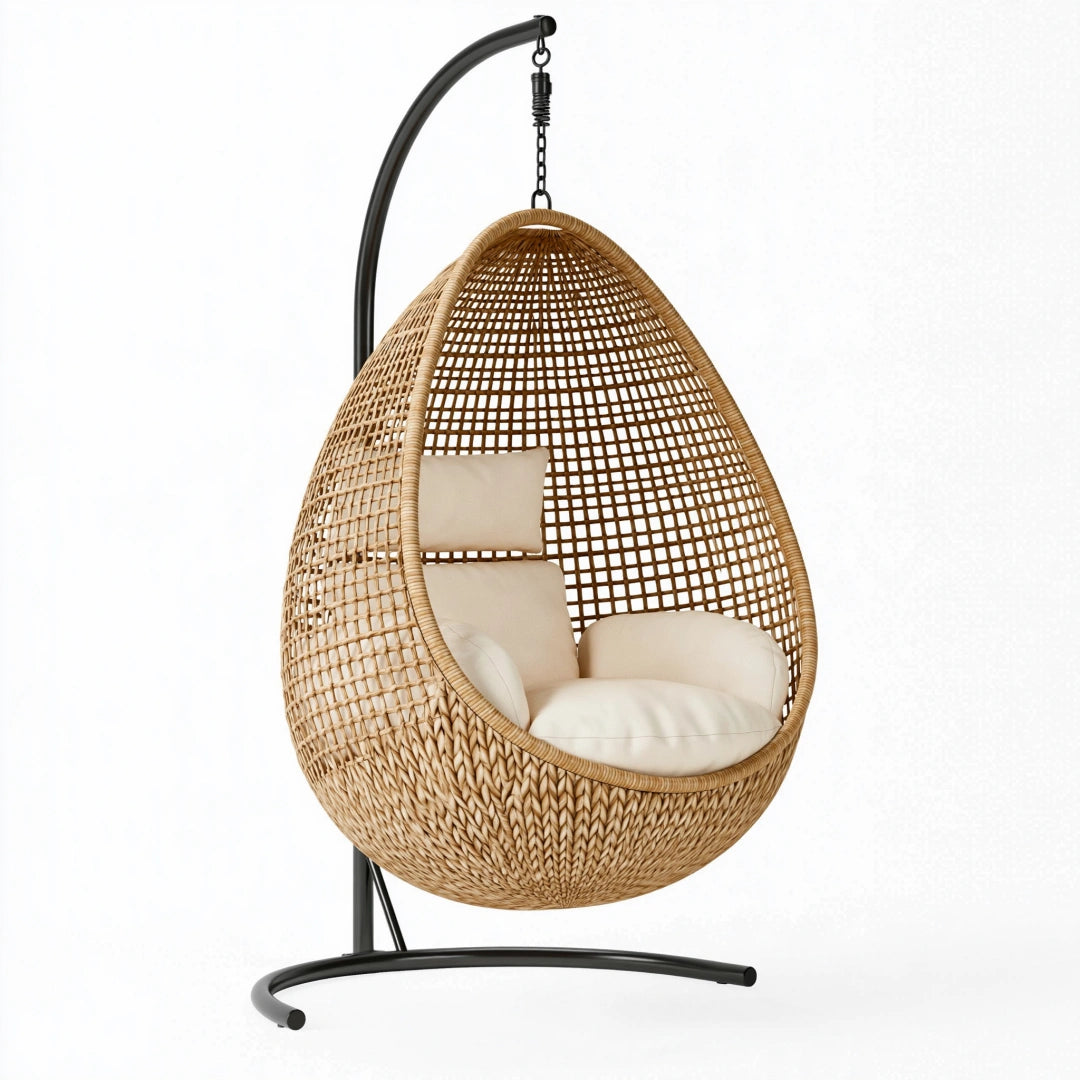Fauteuil suspendu 105 x 105 x 200 cm en rotin naturel et métal noir style bohème pour intérieur