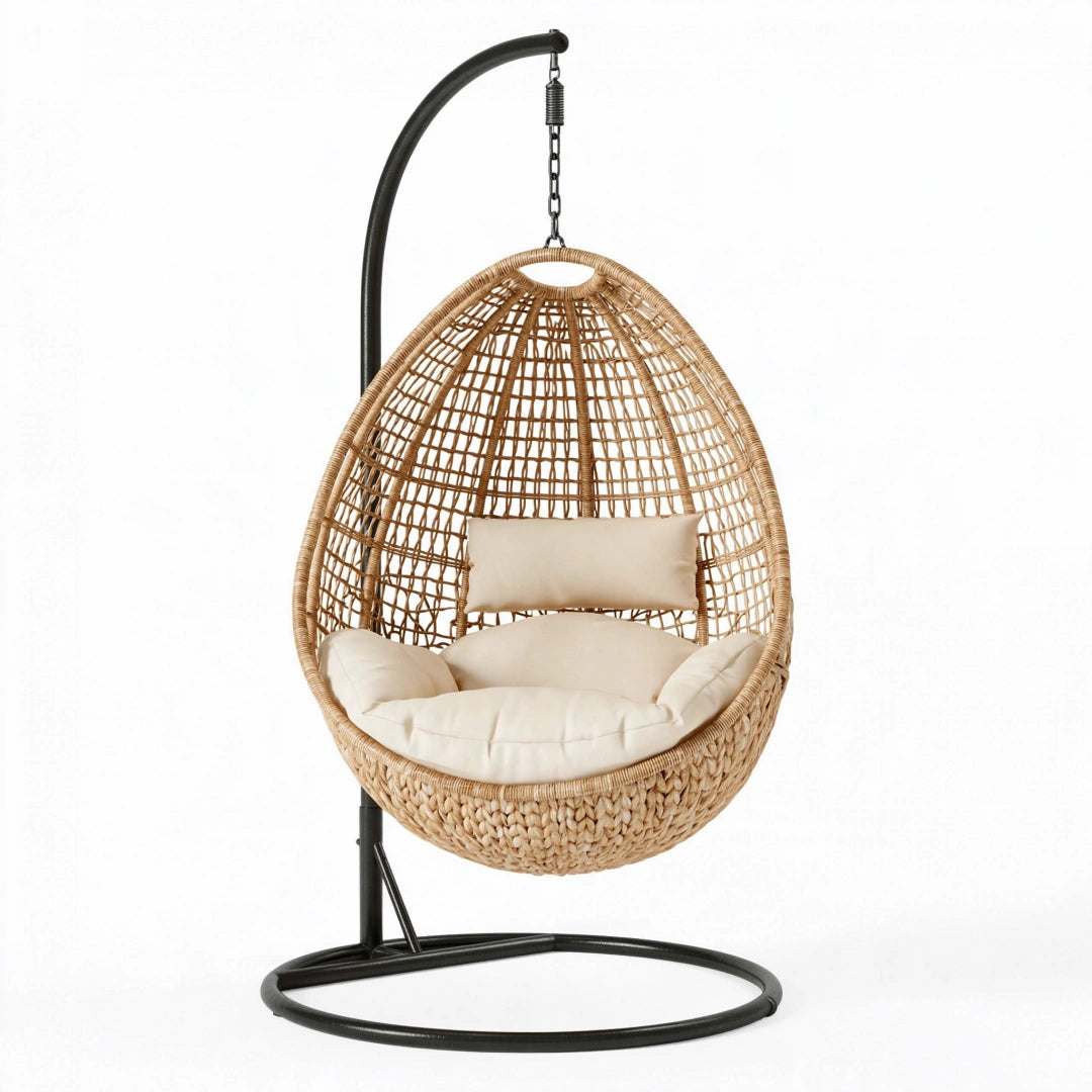 Fauteuil suspendu 105 x 105 x 195 cm en fibres tressées naturel avec support métal noir - style bohème