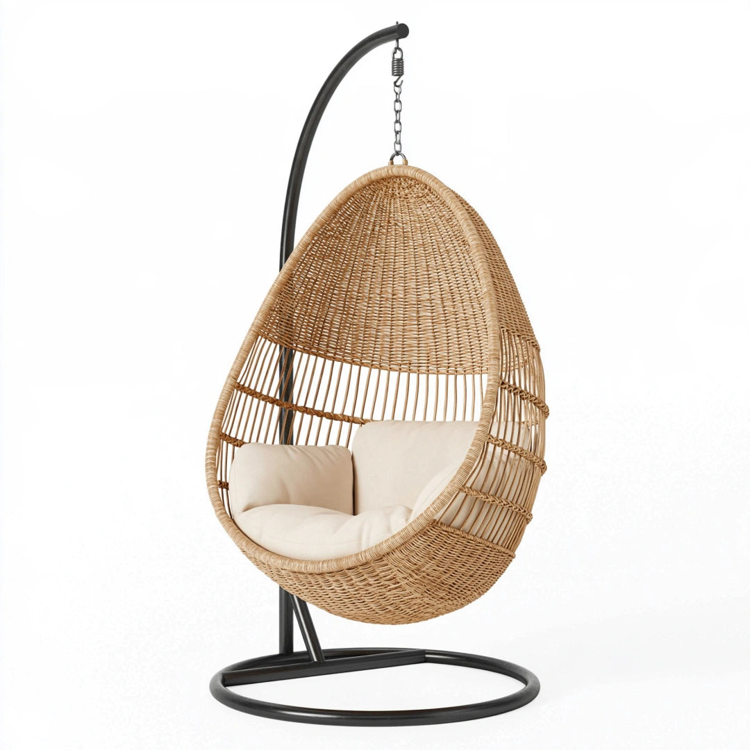 Fauteuil suspendu 105 x 105 x 195 cm en rotin naturel et métal noir - style bohème pour intérieur