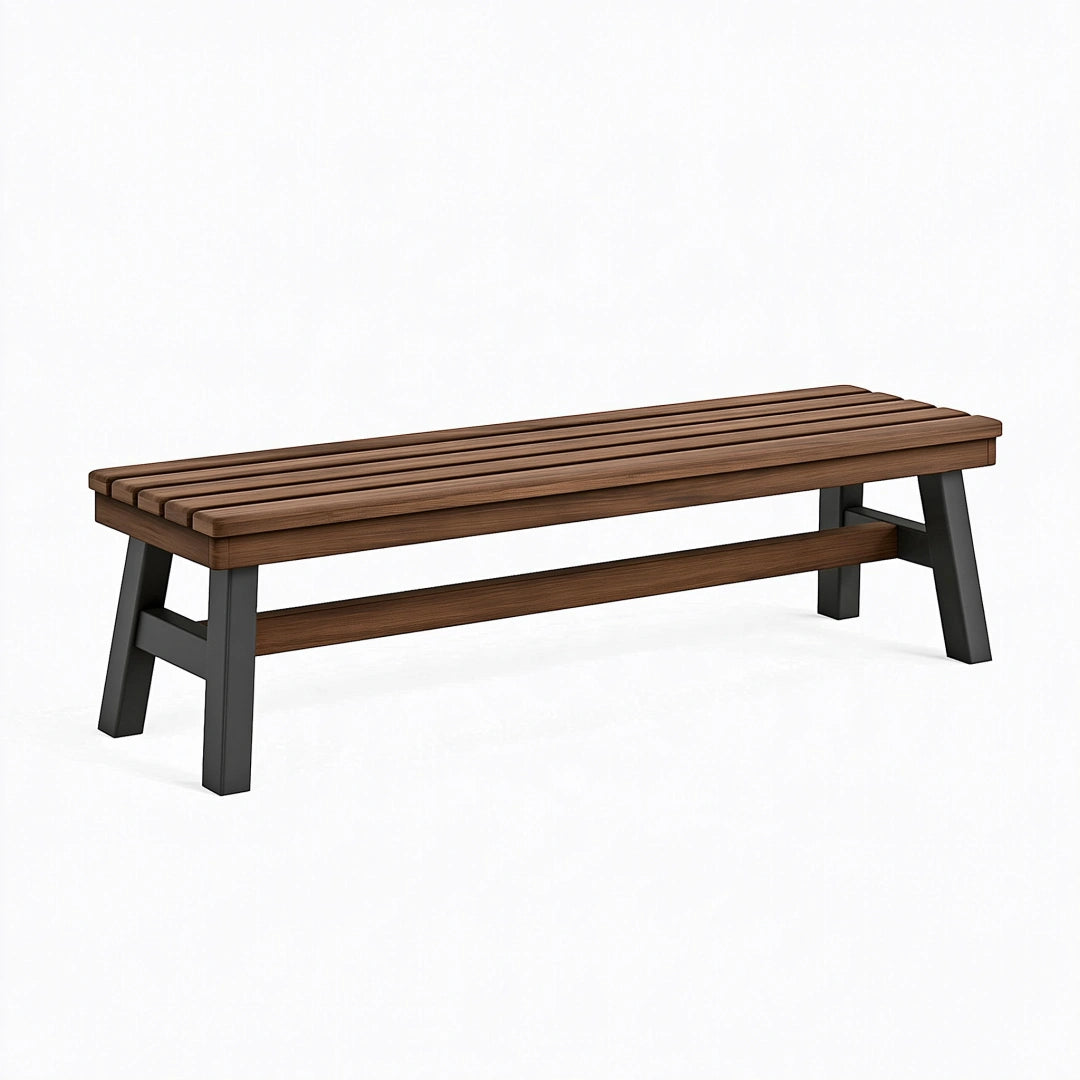 Banc de jardin 180 x 35 x 45 cm en bois brun et métal noir - assise à lattes style industriel