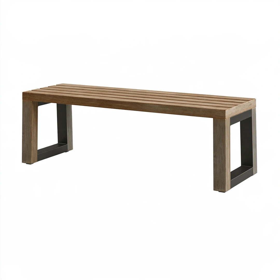 Banc de jardin 150 cm en bois brun et métal noir à lattes contemporain